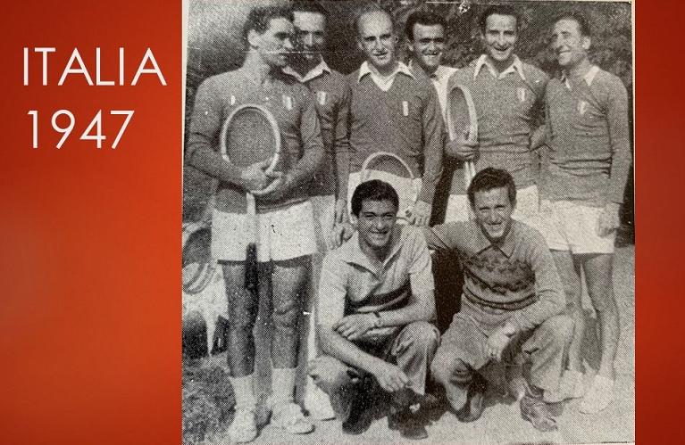 L'Italia del 1947: da sinistra Cucelli, Quintavalle, Canepele, Belardinelli, Bossi e Sada. Accosciati: Marcello e Rolando Del Bello