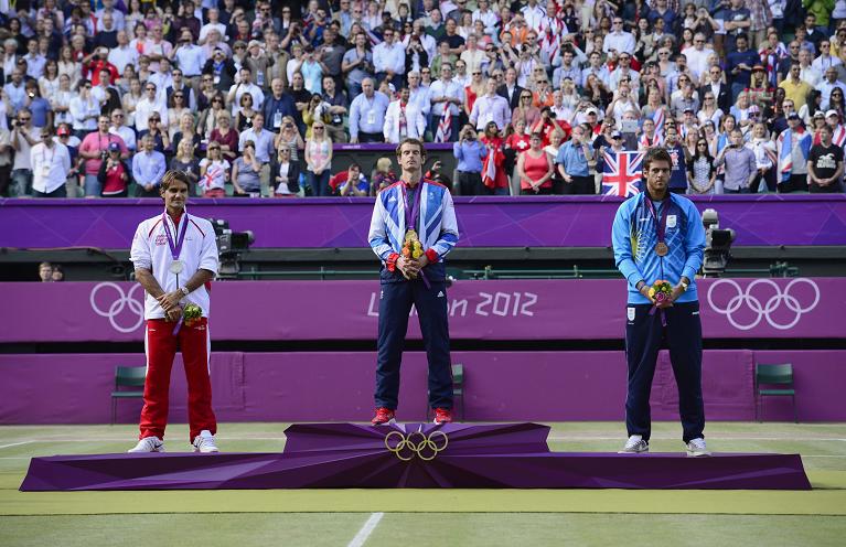 Il podio olimpico di Londra 2012 con Andy Murray oro, Reger Federer argento e JM Del Potro bronzo
