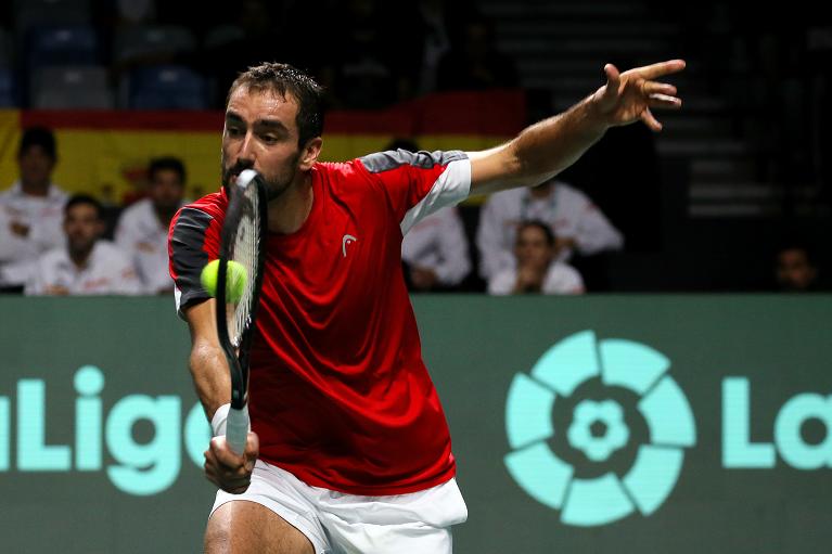 Marin Cilic in azione in Coppa Davis a Malaga (Foto Sposito)