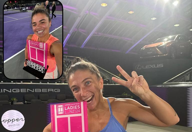 Jasmine Paolini e Sara Errani con il trofeo del doppio vinto a Linz (foto Twitter WTA Linz)