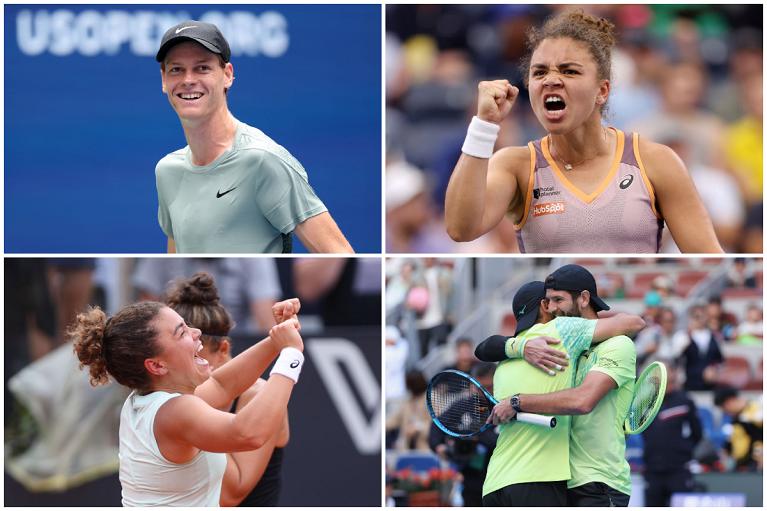 In alto Jannik Sinner e Jasmine Paolini; in basso Paolini/Sara Errani e Simone Bolelli/Andrea Vavassori (Getty Images)