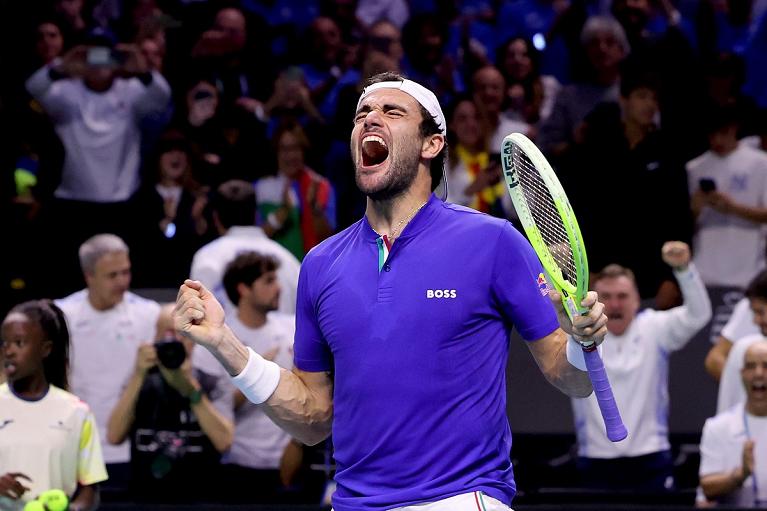 L'esultanza di Matteo Berrettini in Davis (Foto Sposito/FITP)