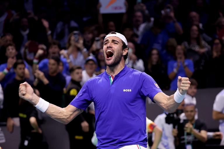 L'esultanza di Matteo Berrettini in Davis (Foto Sposito/FITP)